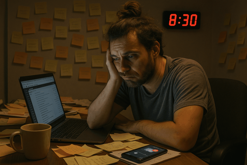A tired solopreneur buried under paperwork and digital notifications, showing signs of burnout.