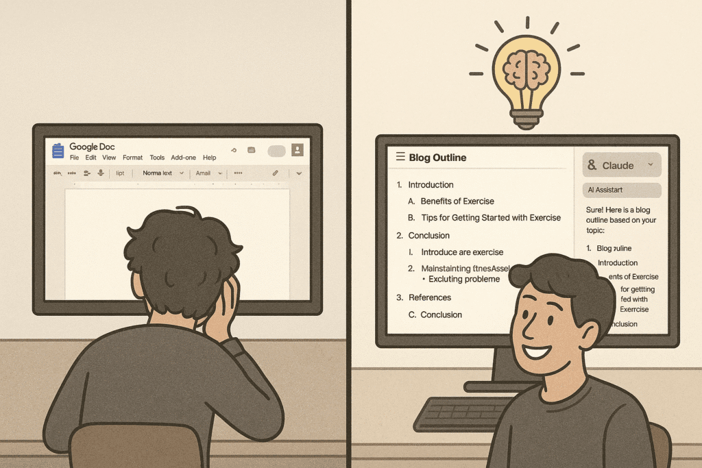 A glowing brain and creative icons emerging from a laptop, symbolizing AI-enhanced ideation.