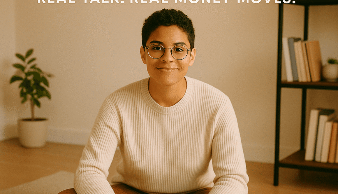 Young adult sitting cross-legged with a laptop and coffee mug, with text overlay: "Build Wealth in Your 20s – Real Talk. Real Money Moves.