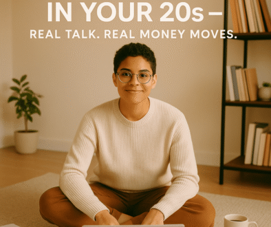 Young adult sitting cross-legged with a laptop and coffee mug, with text overlay: "Build Wealth in Your 20s – Real Talk. Real Money Moves.