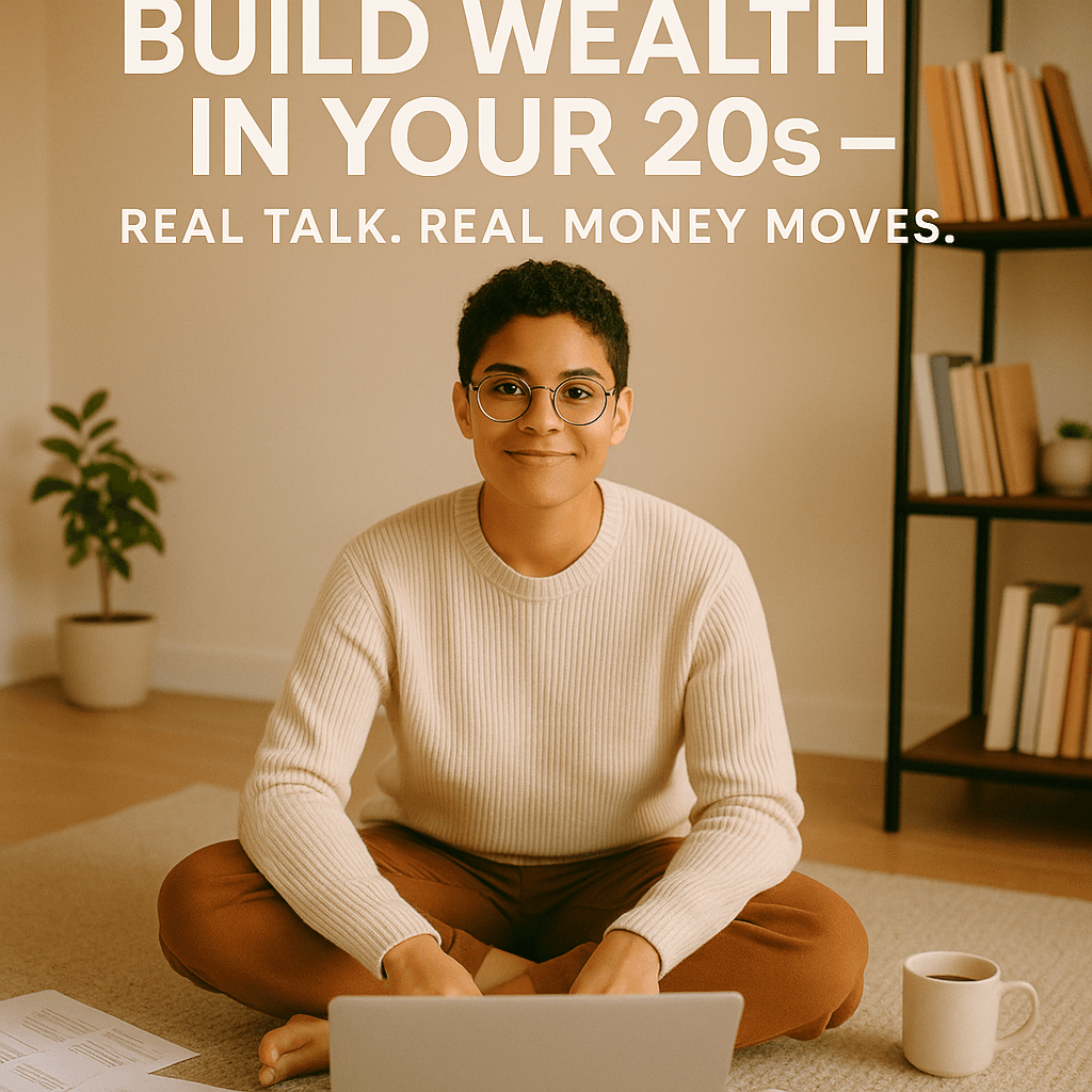 Real Wealth Moves for the 20-Somethings Young adult sitting cross-legged with a laptop and coffee mug, with text overlay: "Build Wealth in Your 20s – Real Talk. Real Money Moves.