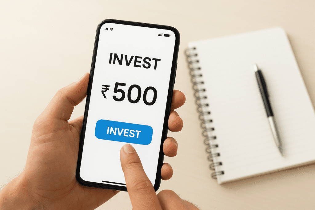Hand holding smartphone showing "Invest ₹500" with a blue "INVEST" button.