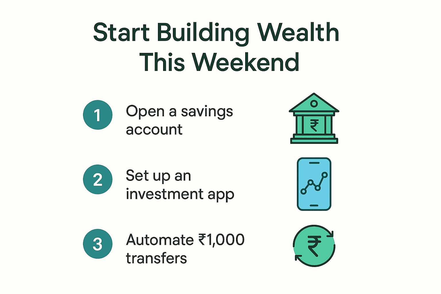 Three illustrated steps to build wealth: open a savings account, set up an investment app, and automate ₹1,000 transfers.