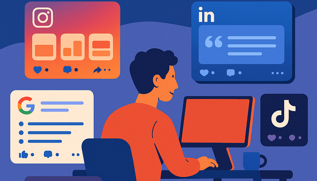 A digital illustration showing a person at a desk surrounded by icons from Google, Instagram, LinkedIn, YouTube, and TikTok, with the heading “The Rise of Zero-Click Content”.