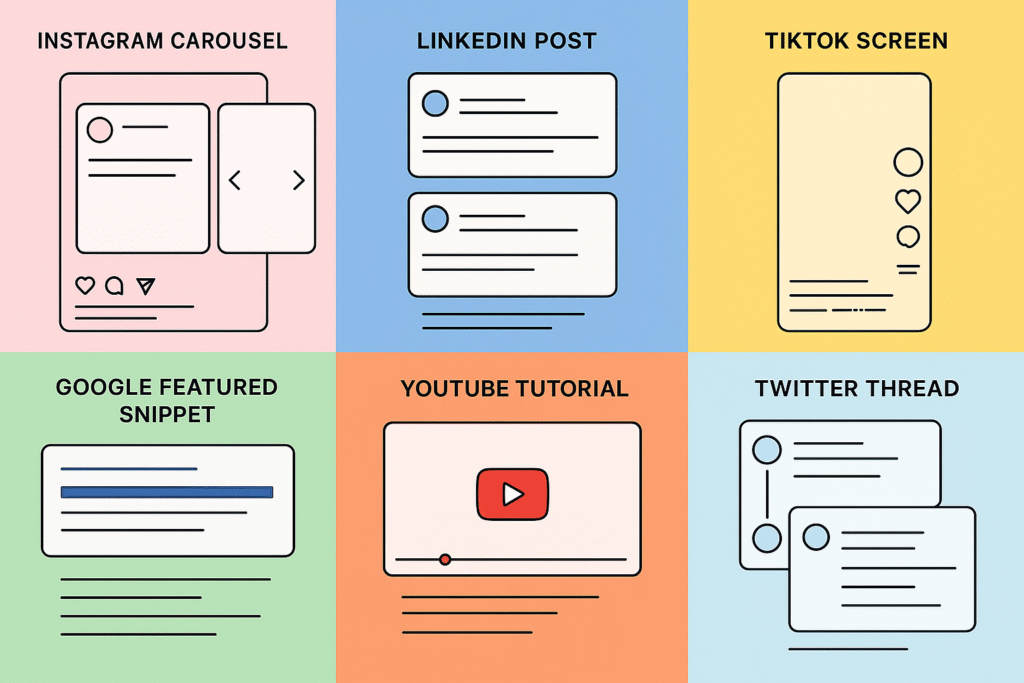 A grid showing content formats like Instagram Carousel, LinkedIn Post, TikTok Screen, Google Featured Snippet, YouTube Tutorial, and Twitter Thread.