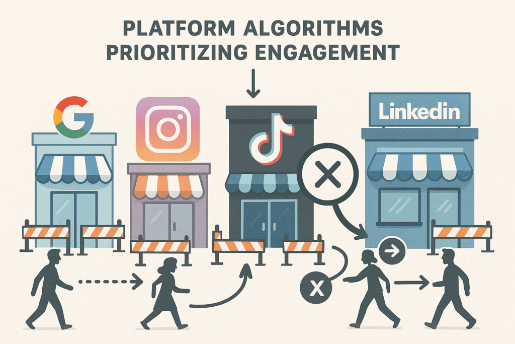 Illustration of digital storefronts labeled Google, Instagram, TikTok, and LinkedIn with barriers preventing users from exiting the platforms.