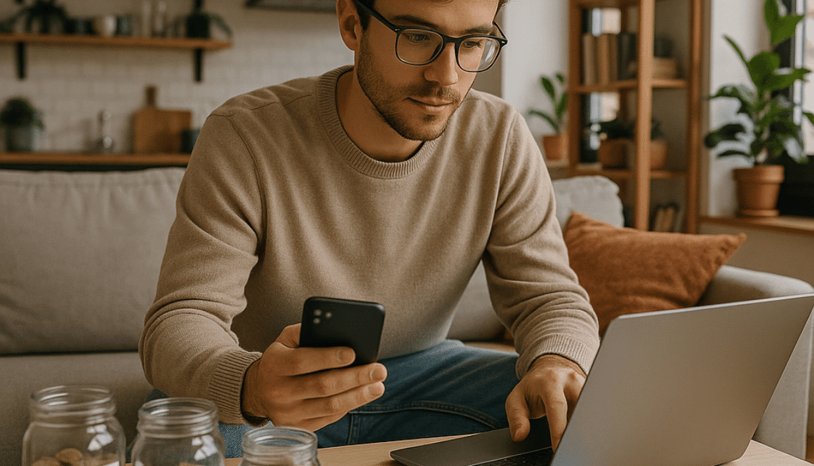 A man managing his finances at home with labeled savings jars and financial charts on the table.