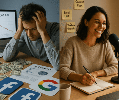 A high-resolution, realistic image showing a side-by-side comparison of two workspaces: Left side: A stressed-out marketer at a cluttered desk, surrounded by dollar bills, ad reports, and Facebook/Google logos. The computer screen shows a “Declining Ad ROI” graph. The lighting is harsh and cold. Right side: A calm digital creator in a minimalist, cozy home office, smiling while recording a podcast or writing a blog. Around them are sticky notes labeled “Content Plan,” “Email List,” and “YouTube Growth.” Natural lighting, warm tones, and an organized, peaceful vibe. The center subtly blends the two scenes to contrast the chaos of paid ads with the calm of the creator economy. Style: Hyper-realistic, professional photography style. Balanced lighting. Slight depth-of-field effect for visual focus. Aspect Ratio: 1200 x 630 (ideal for blog headers + social shares) Text Overlay (optional): “The 2025 Shift: Creator Economy vs Paid Ads”