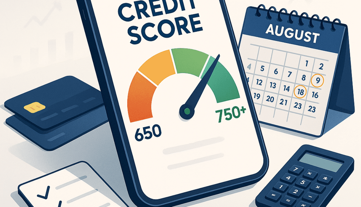 Illustration of a credit score check in August with smartphone, calendar, checklist, and calculator.