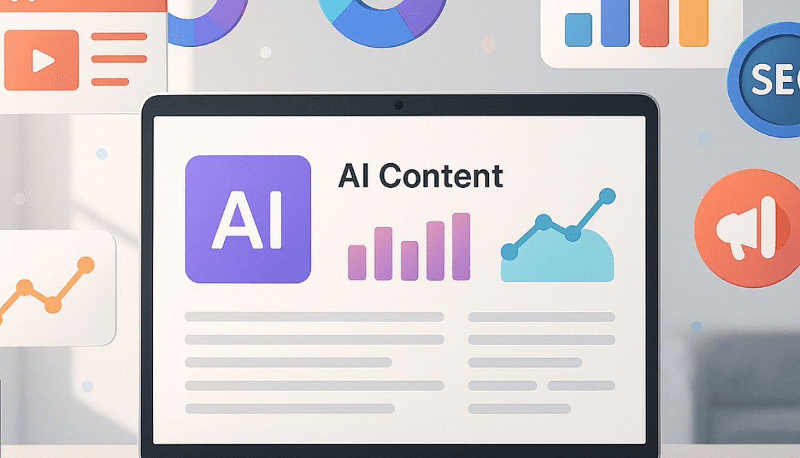 Laptop screen displaying "AI Content" with charts and analytics icons, representing AI-powered content marketing and SEO strategies.
