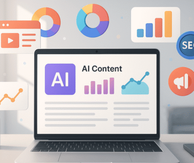 Laptop screen displaying "AI Content" with charts and analytics icons, representing AI-powered content marketing and SEO strategies.