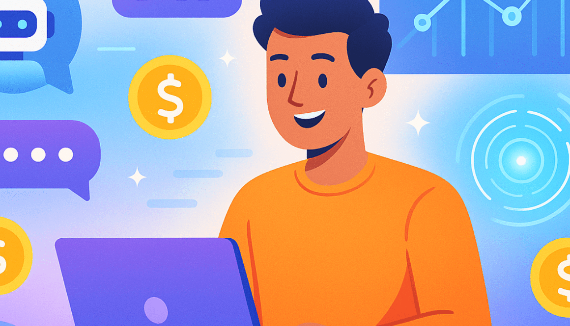 Illustration of a smiling person working on a laptop surrounded by AI icons, dollar signs, and digital graphs, symbolizing AI side hustles and online income.