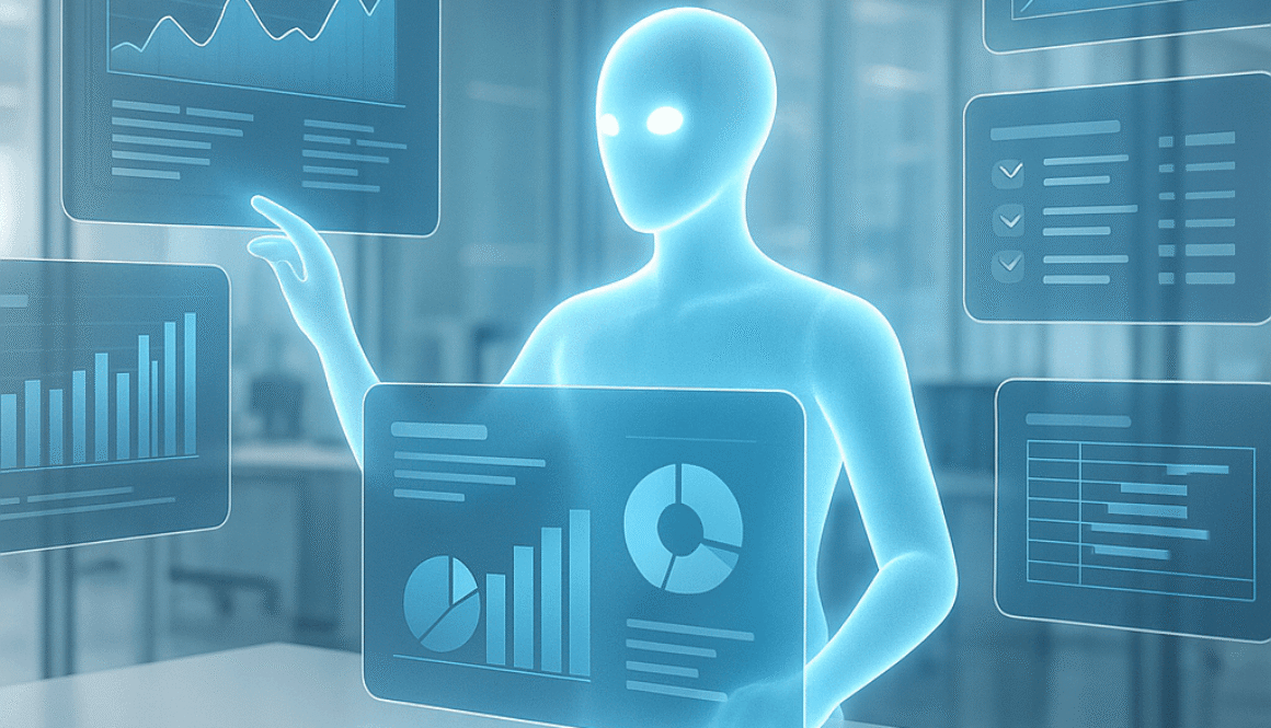 Futuristic holographic AI assistant managing digital dashboards and workflow analytics in a modern office.