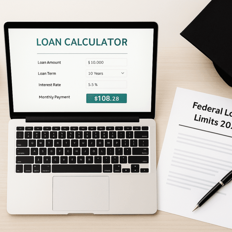Laptop showing a student loan calculator with federal loan limits document for 2025 on desk. 2025 student loan limit