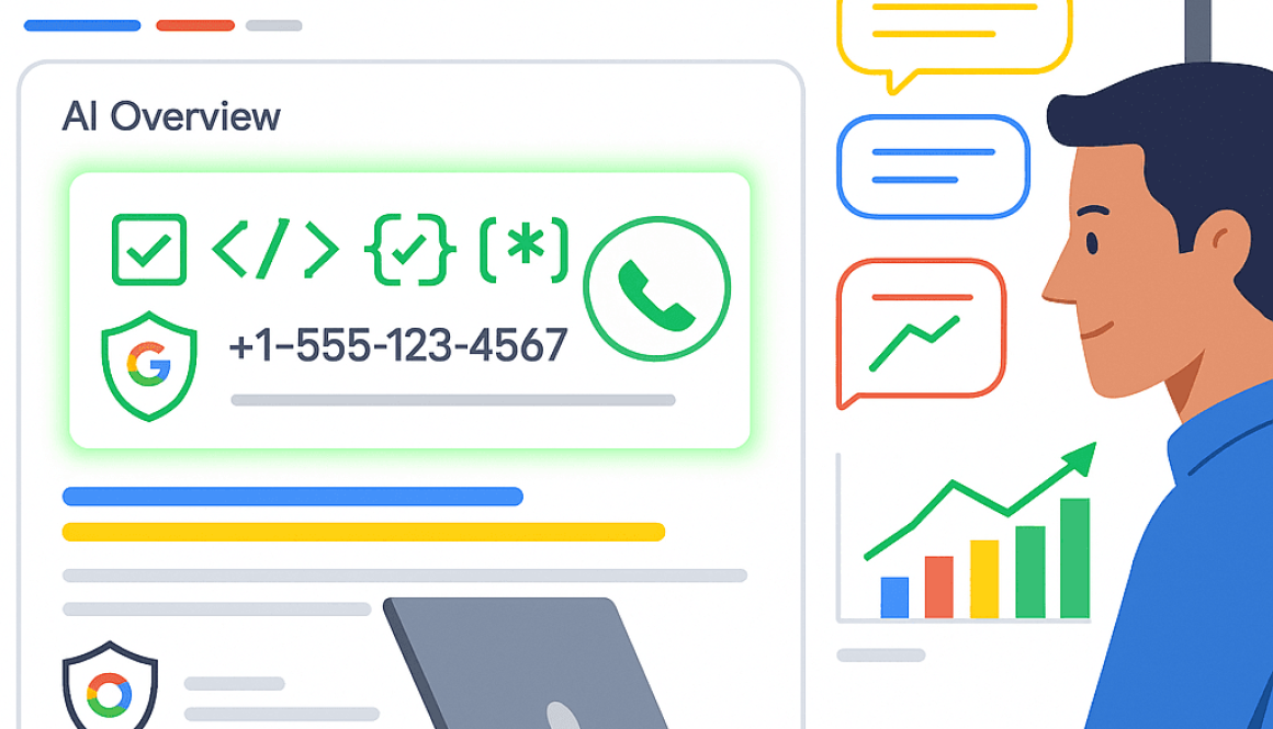 Marketer analyzing Google AI Overviews results with verified contact info, schema markup, and traffic growth charts.