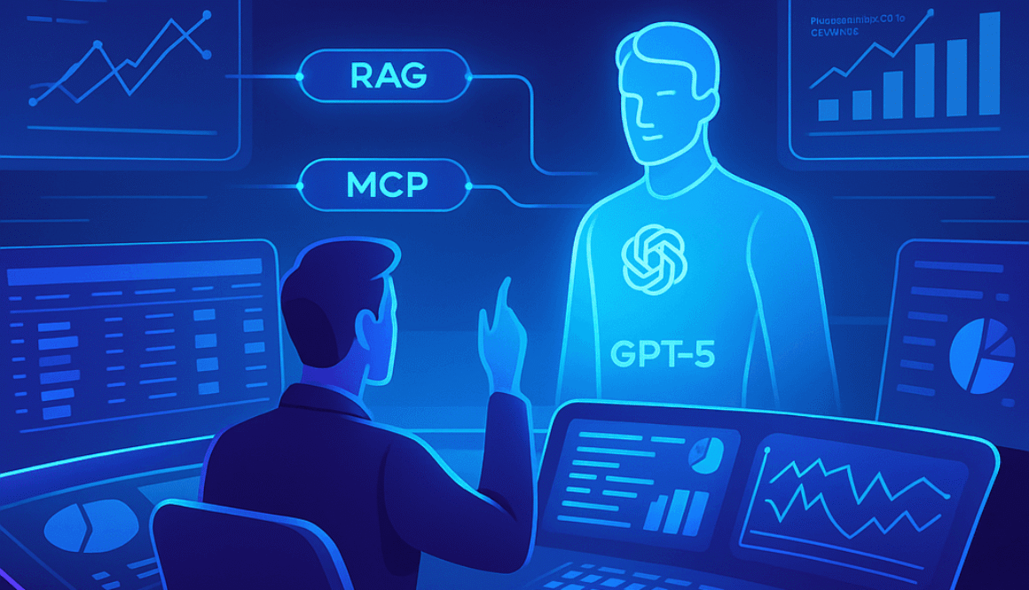 Futuristic marketing operations dashboard showing GPT-5 agent with RAG and MCP integration, surrounded by analytics and charts.