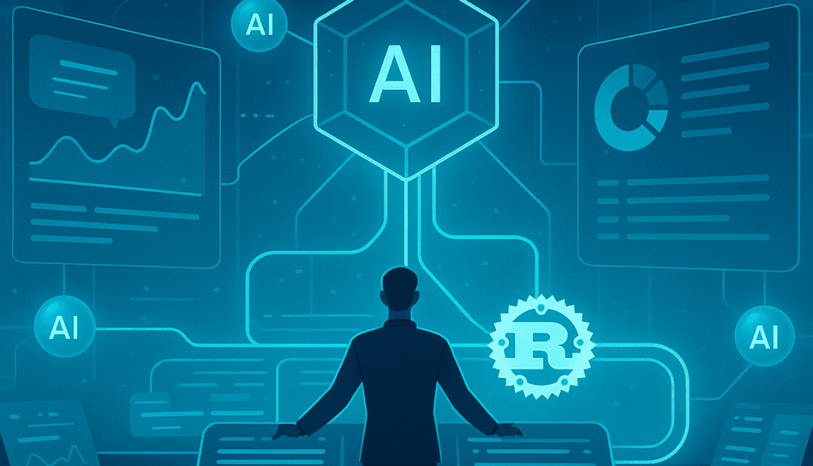 Multi-Model Orchestration with Futuristic marketer orchestrating multiple AI models with Rust-powered data pipelines in a glowing control room.