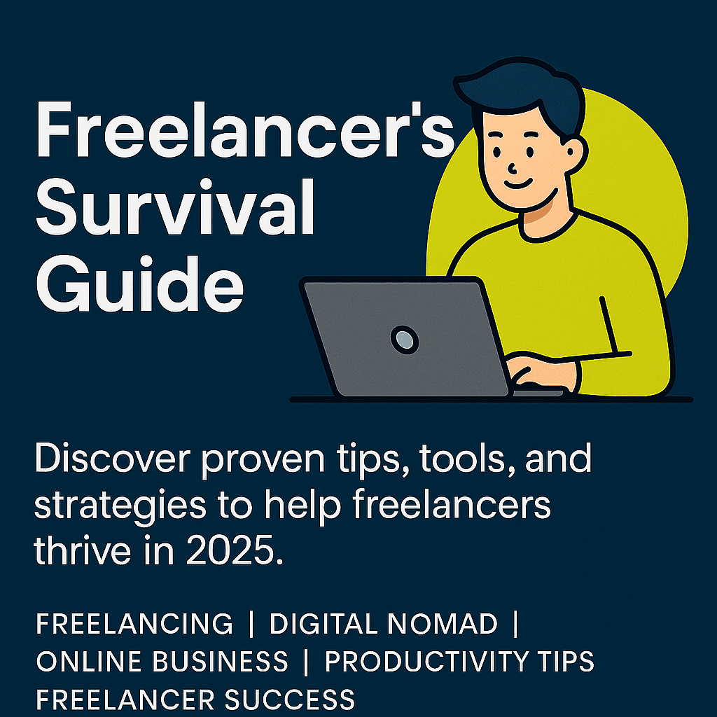Illustration of a freelancer working on a laptop with the text "Freelancer's Survival Guide" and keywords about freelancing, digital nomads, online business, and productivity tips.