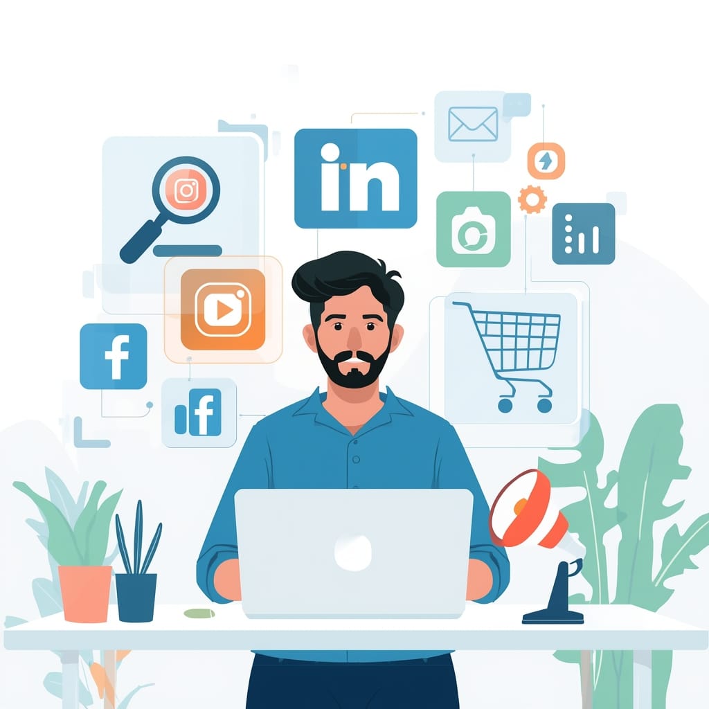 Illustration of a beginner learning digital marketing with laptop and marketing icons around.