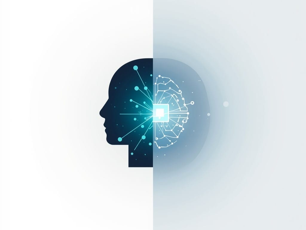 Stylized human head split with digital microchip symbol representing artificial intelligence and human cognition.