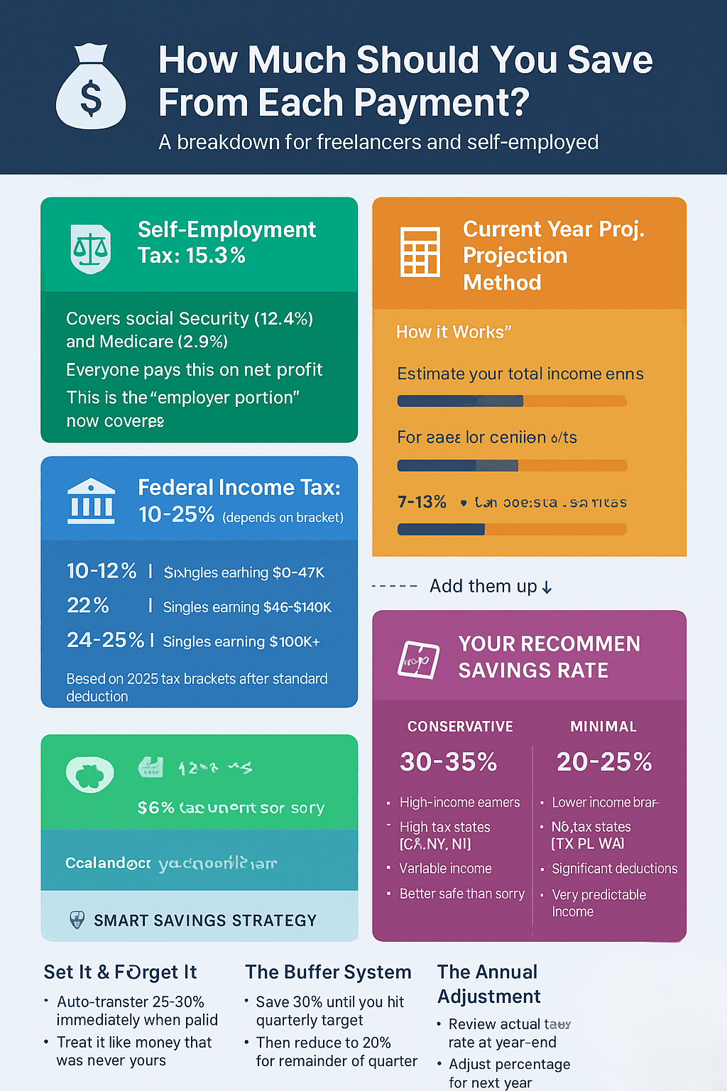 Infographic showing how much freelancers should save from each payment for taxes, breaking down self-employment tax, federal income tax, and state income tax percentages