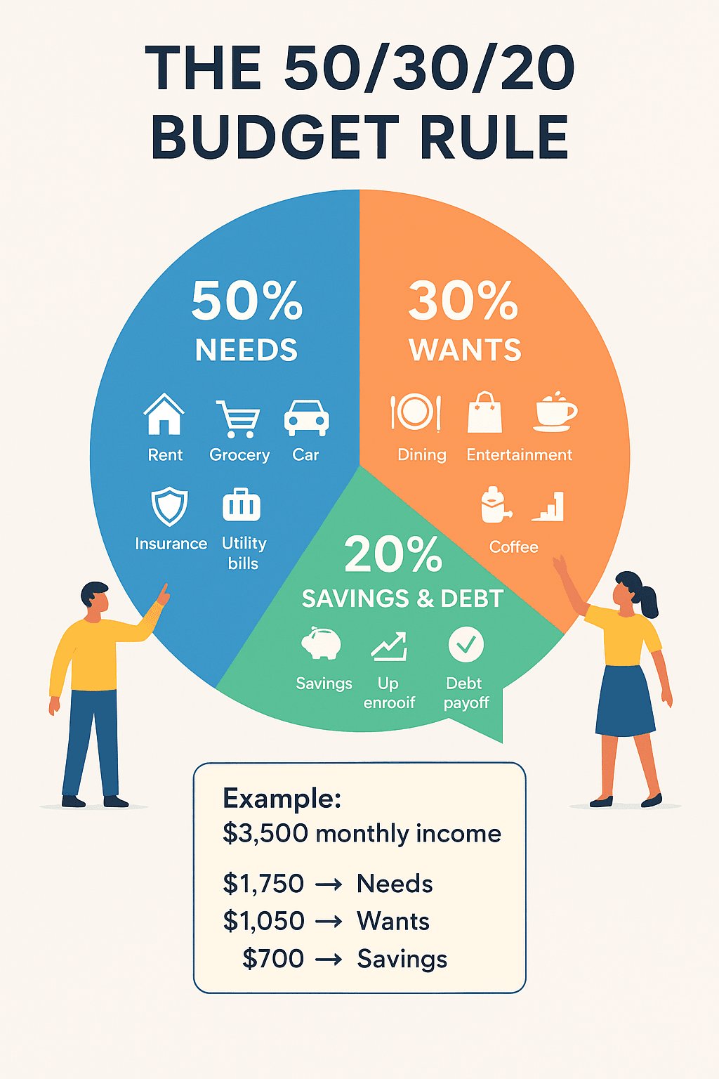 A colorful 50/30/20 budgeting infographic showing needs, wants, and savings categories with icons and a sample monthly income breakdown, supporting the guide on how to make a monthly budget.